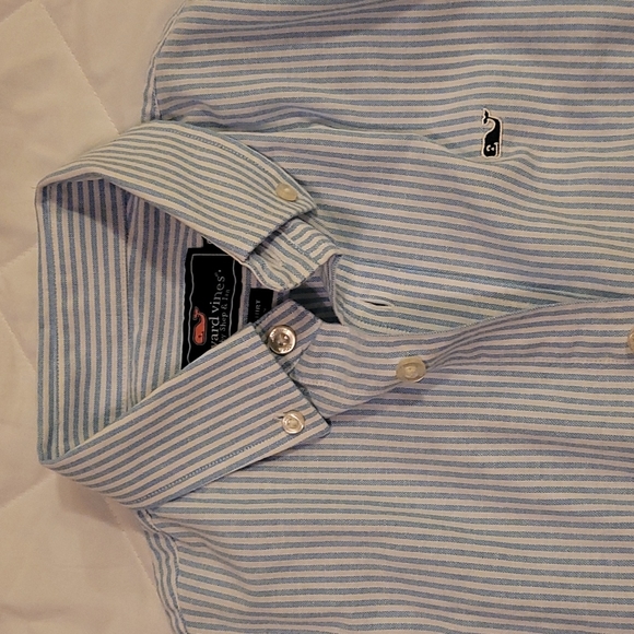 Boy's Vineyard Vines Blue Striped Whale Polo Button Up Shirt Medium - Picture 3 of 4